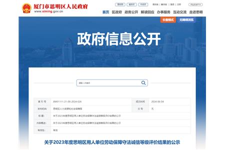 祝贺！厦门伟屹有限公司获评企业劳动保障守法诚信A级单位